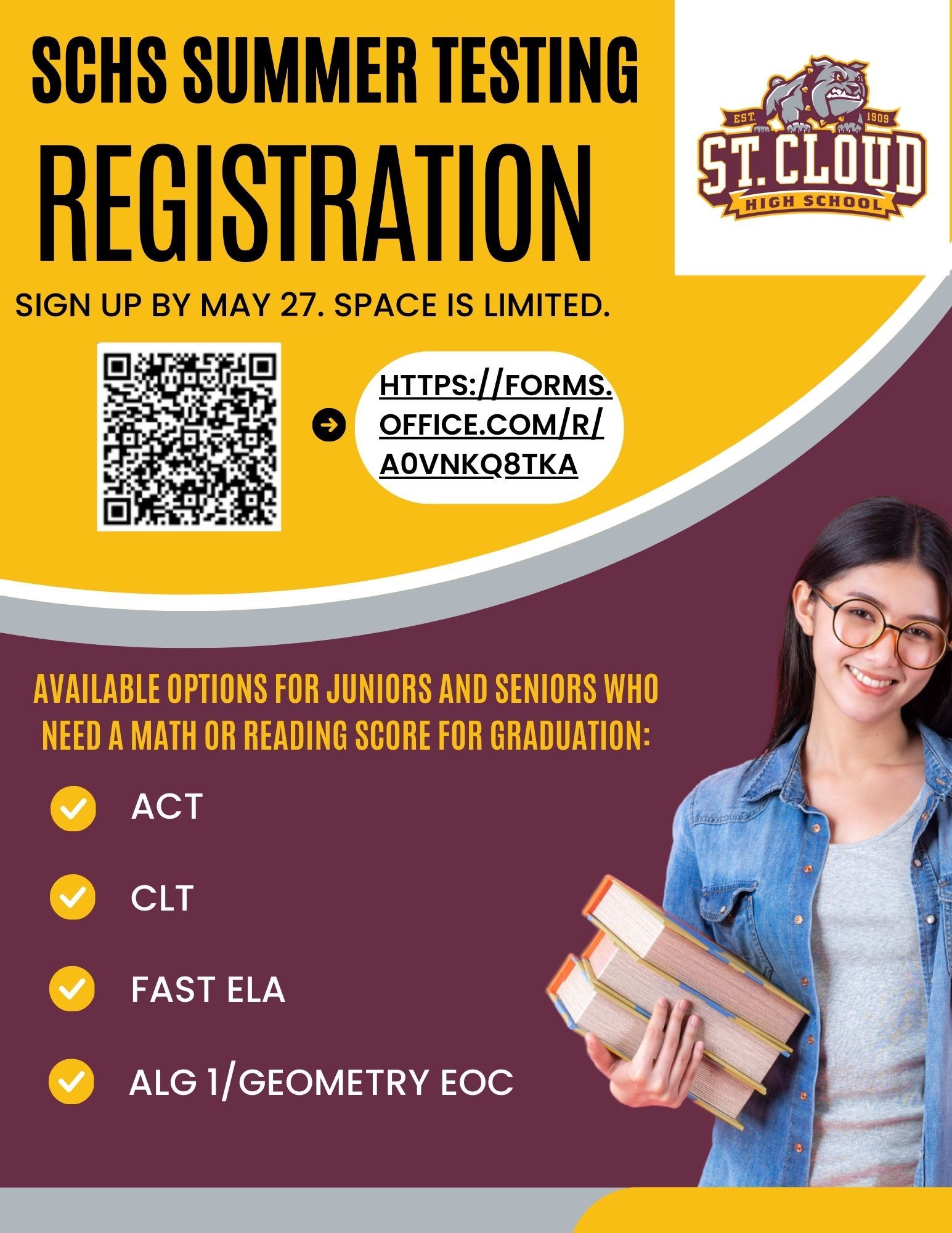  Flyer that says SCHS Summer Testing Registration